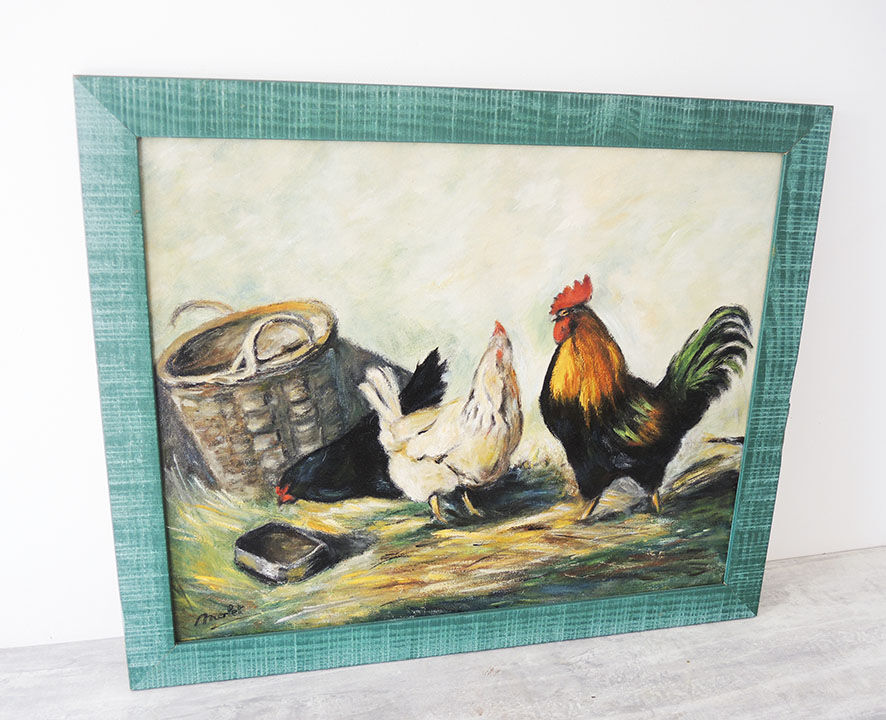 Oil on wood framed and signed Henri Merlet rooster & hen