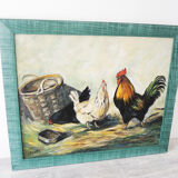 Oil on wood framed and signed Henri Merlet rooster & hen