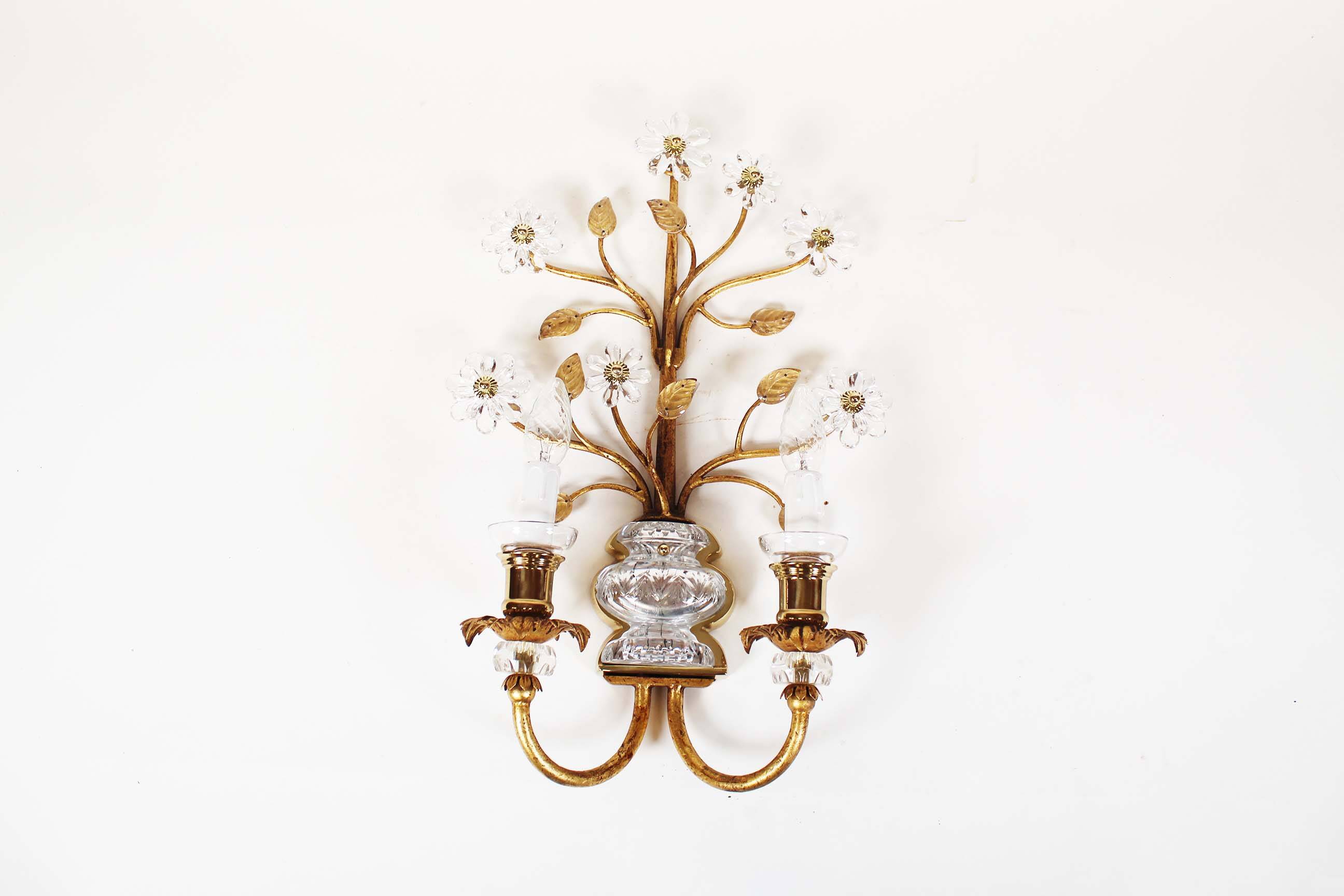 Monumental Bagues style crystal and gilt sconces by Banci Firenze