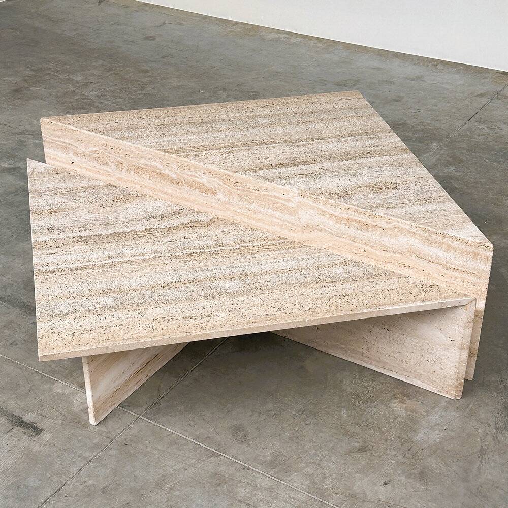 Up & Up large Italian Brutalist travertine coffee table, two-piece geometric mod