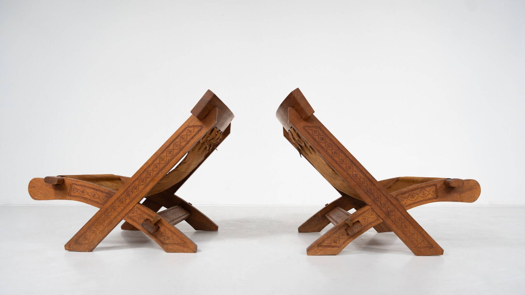 Pair of Folding Chair, Wood and Leather, Brazilian style