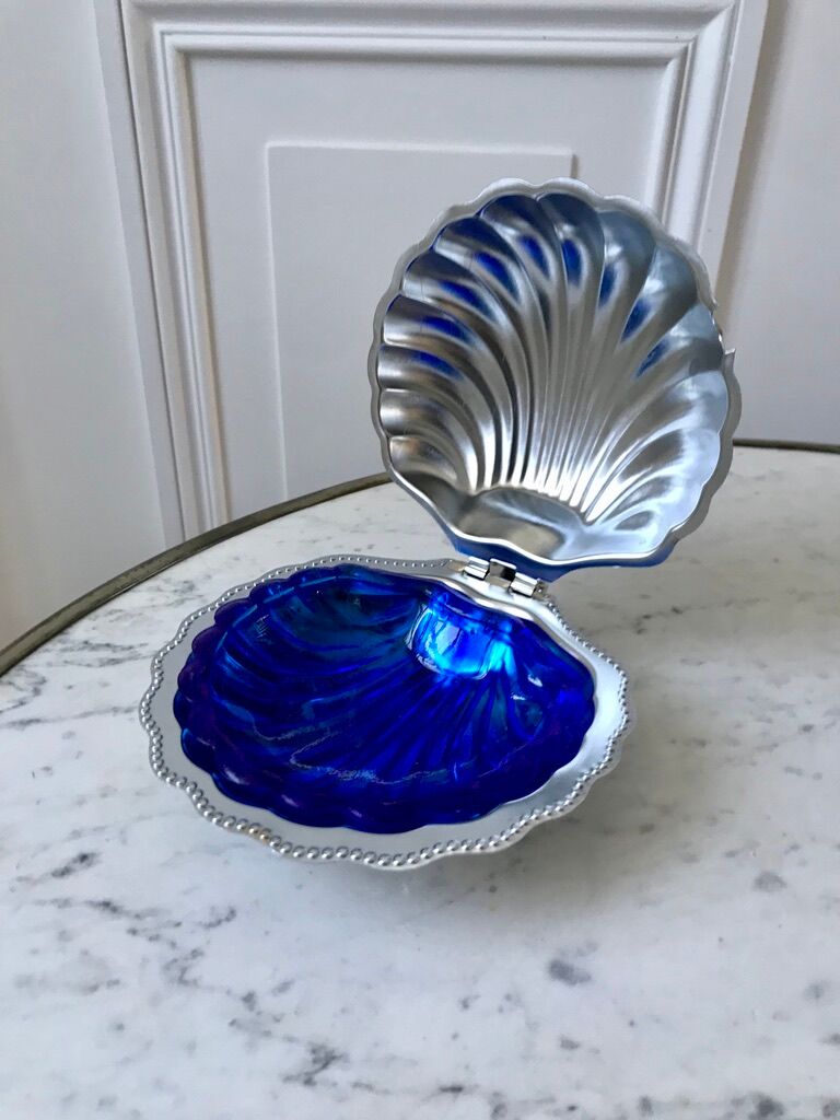 Empty butter tray pocket shell metal and blue glass 60s-70s