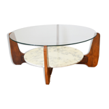 Table basse Hugues Poignant marbre, verre et teck années 60