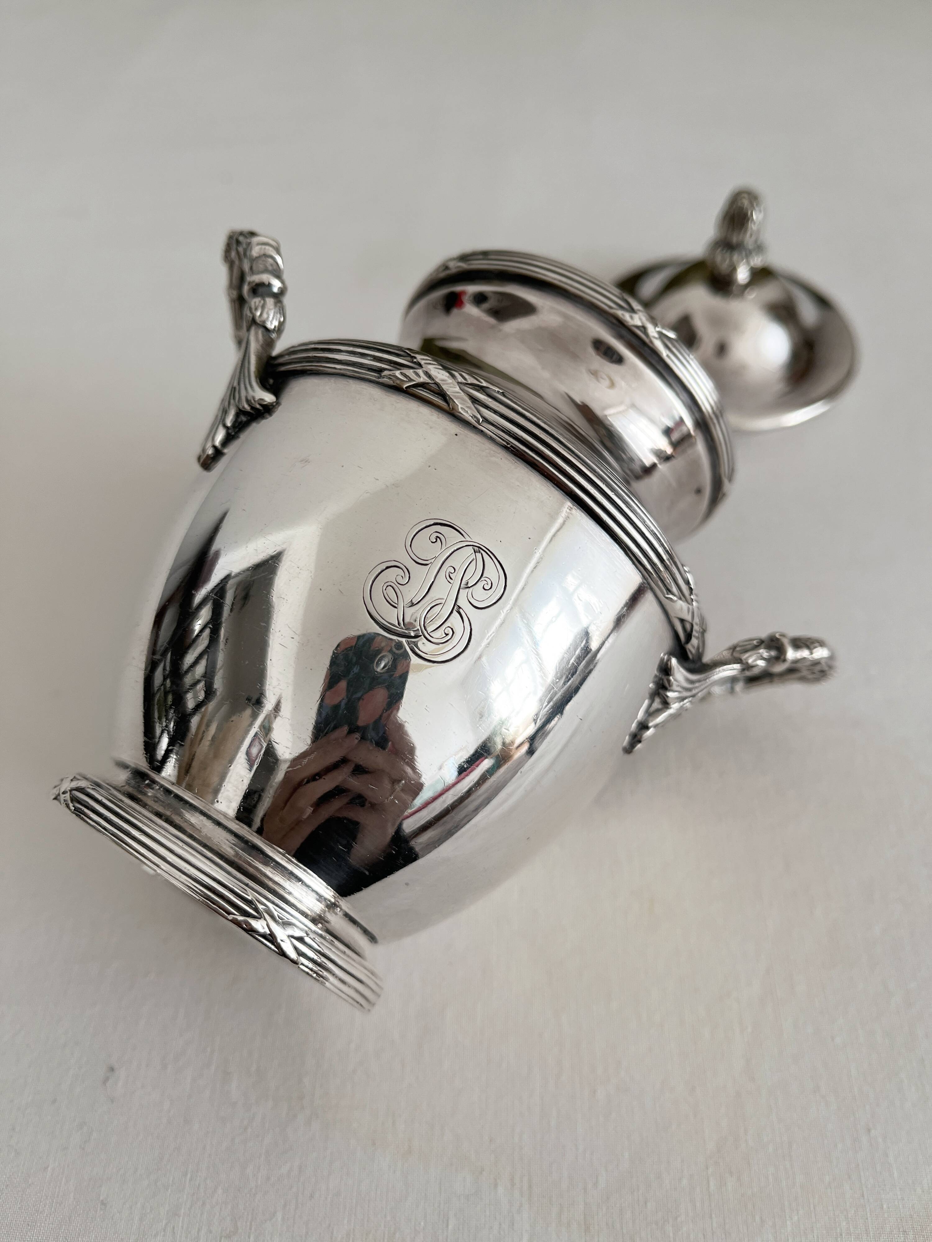 Antique monogrammed silver-plated metal sugar bowl