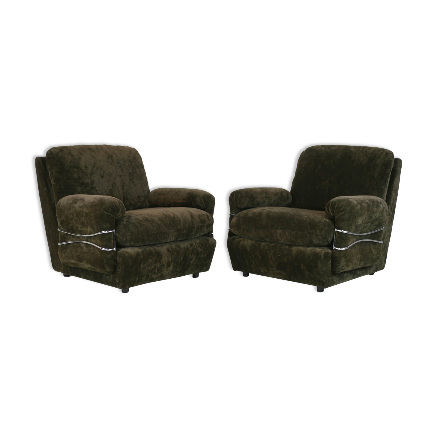 Pair of armchairs "Space Age", brown velvet and steel, France, circa 1970.