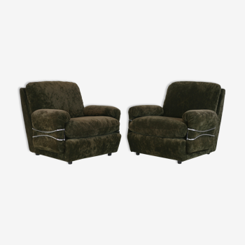 Pair of armchairs "Space Age", brown velvet and steel, France, circa 1970.