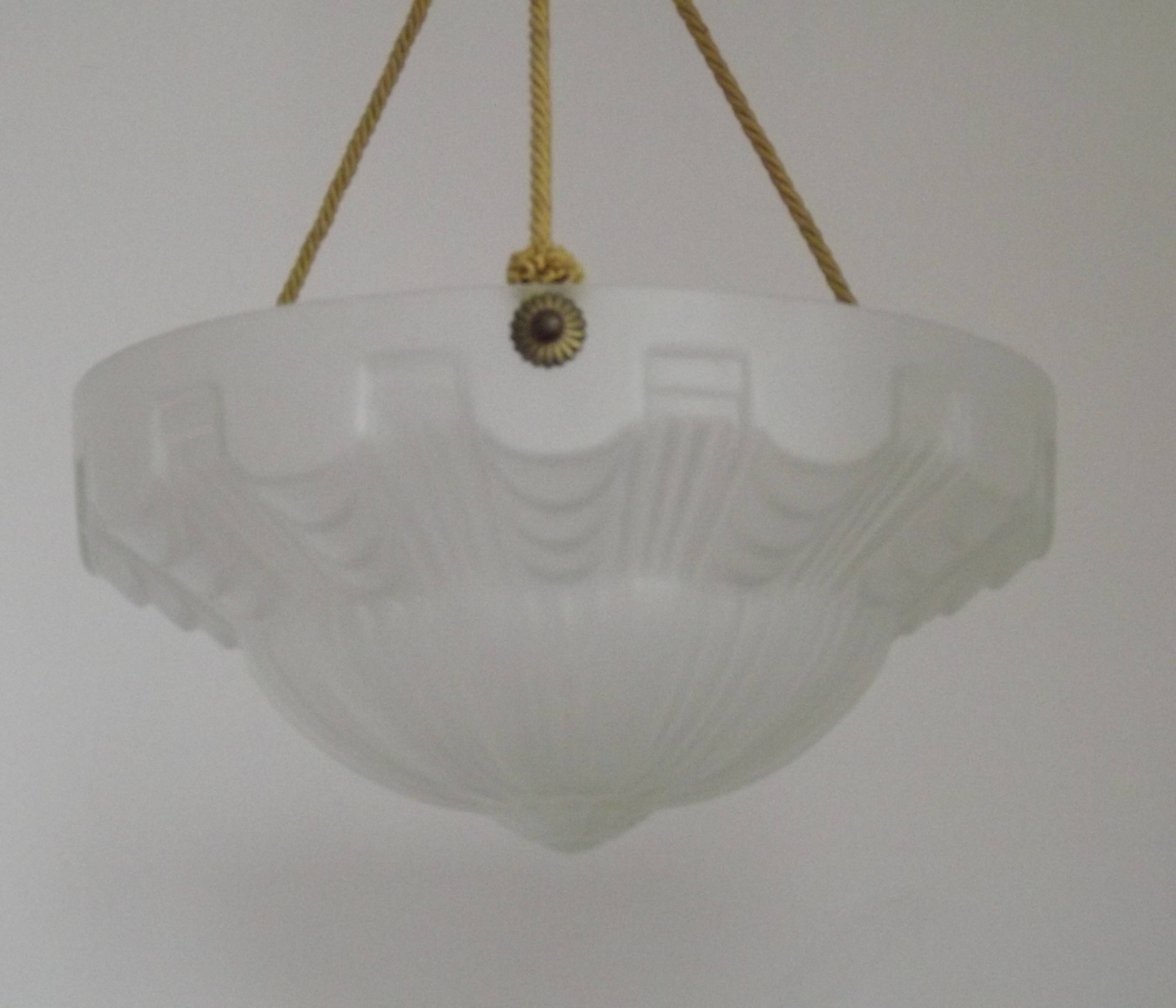 Vintage French 1930s Art Deco Gometric White Glass Ceiling Light
