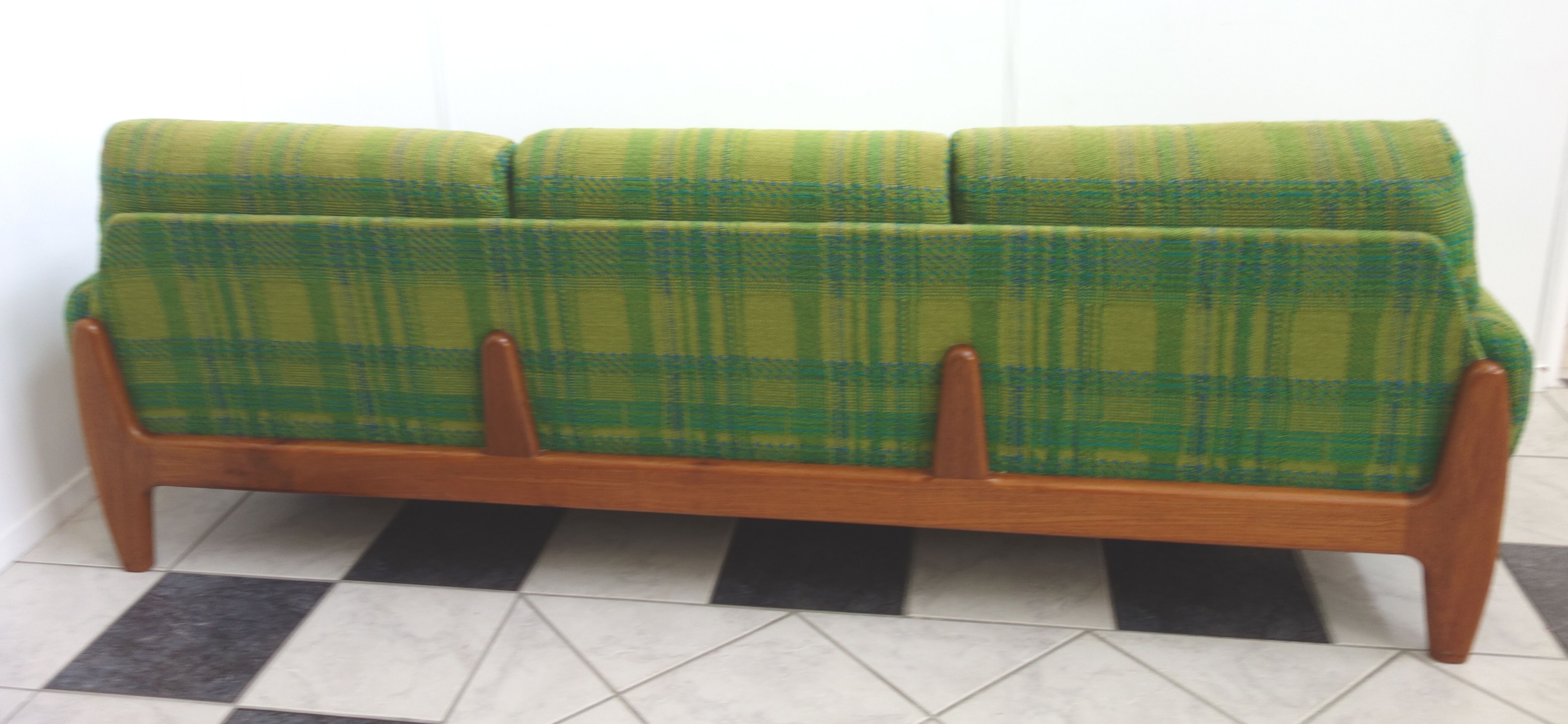 Green three seat sofa Teak frame