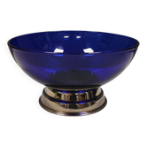 Magnifique bol en verre bleu monté sur une base de couleur argentée (Original).