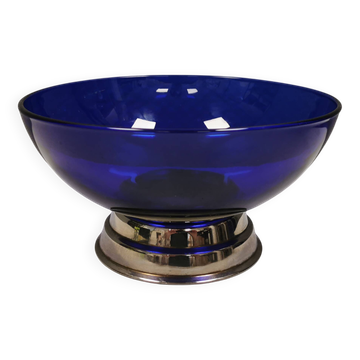 Magnifique bol en verre bleu monté sur une base de couleur argentée (Original).