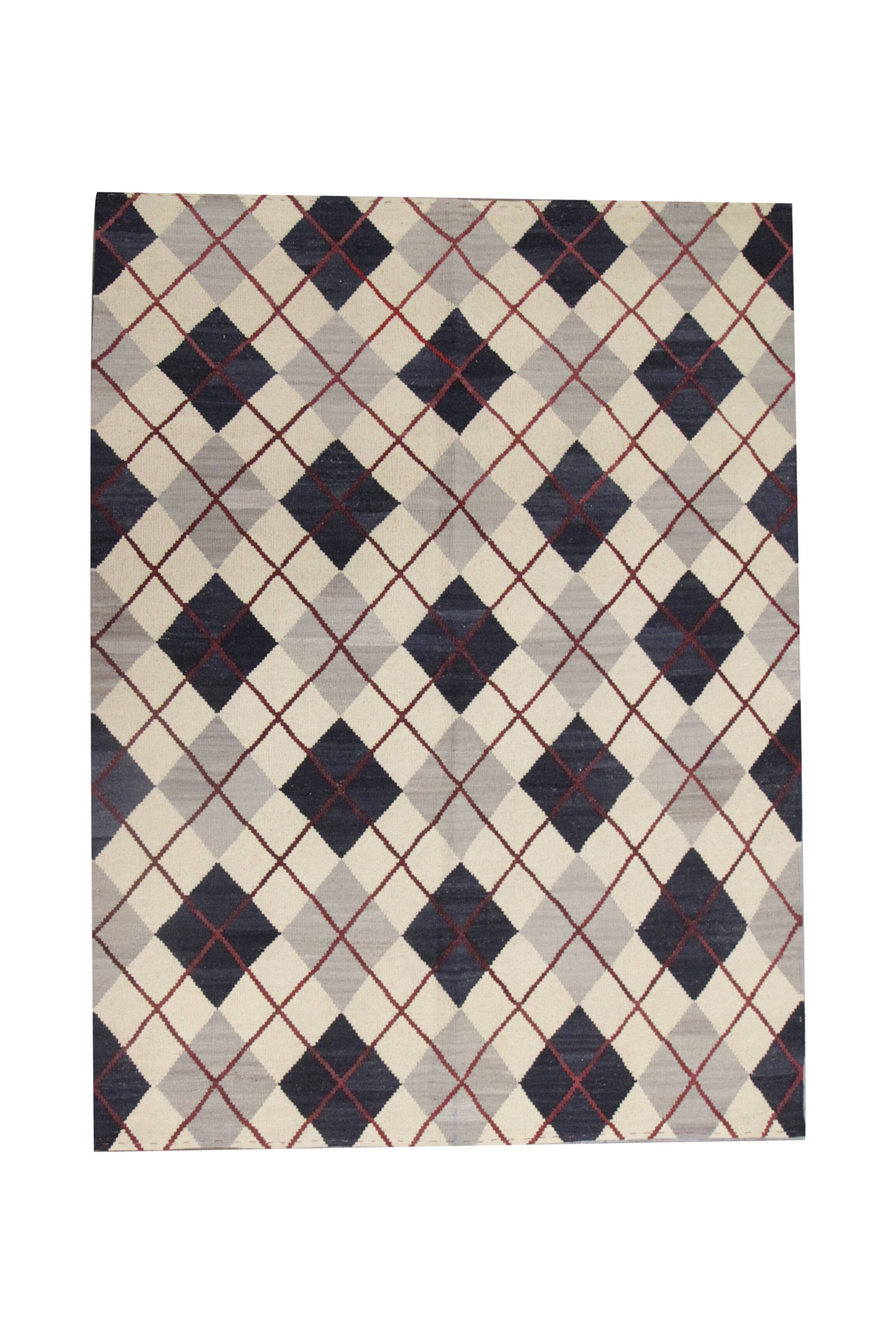 Cream Navy Wool Kilim Rug, Modern Check Diamond Flatweave Carpet 192x160cm