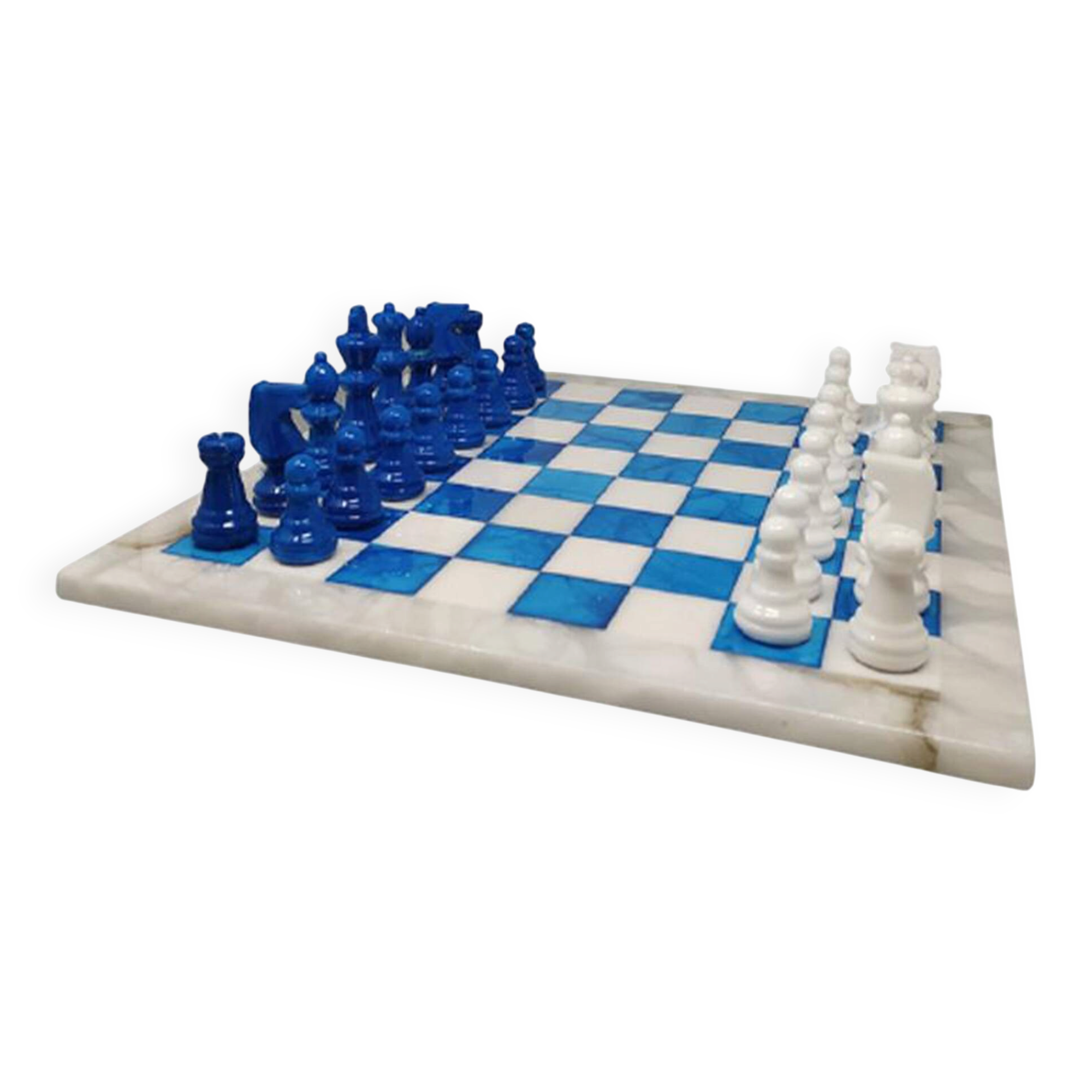 1970s Gorgeous Sky Blue and White Chess Set in Volterra Alabaster Handmade.