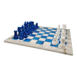 1970s Gorgeous Sky Blue and White Chess Set in Volterra Alabaster Handmade.