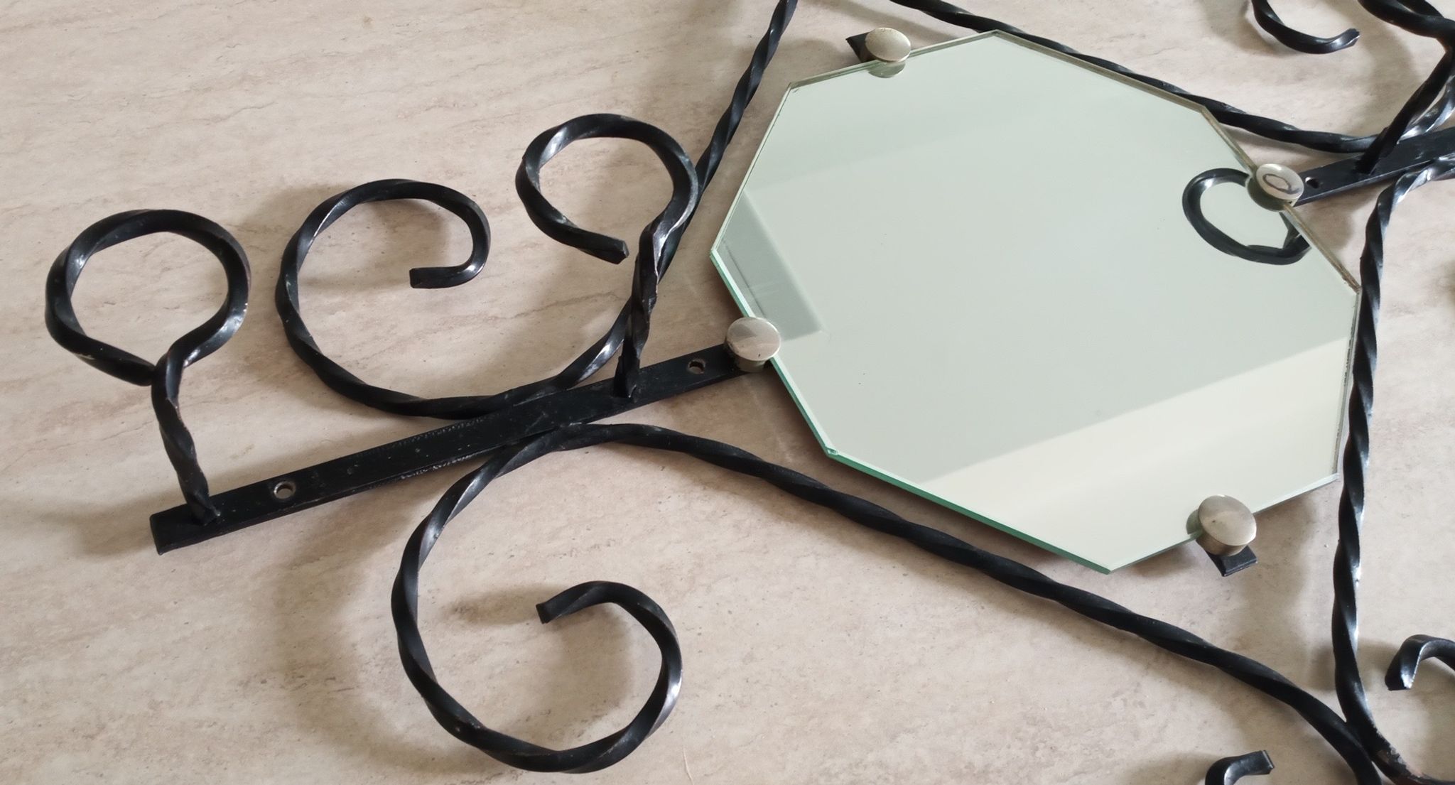 Wall coat rack in wrought iron and mirror 1950