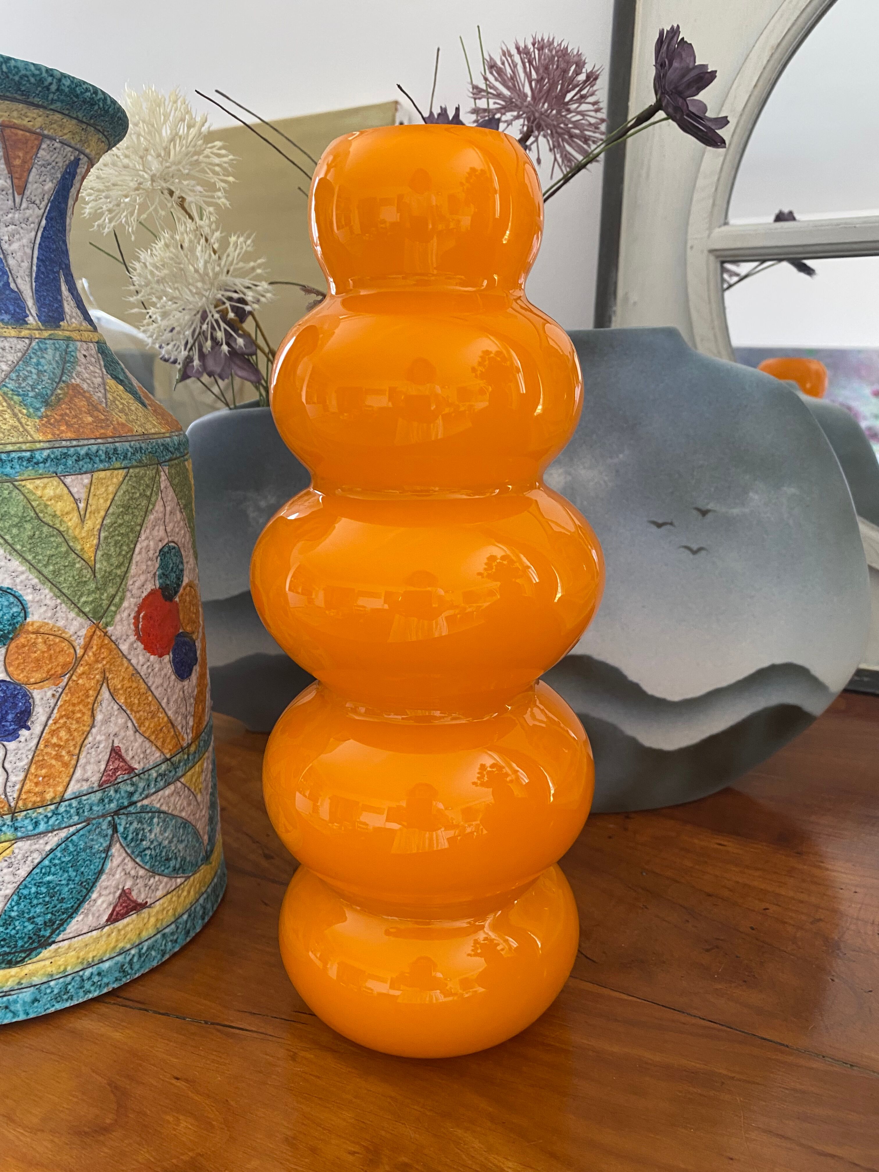 Vase bubble caterpillar orange glass double years 60 70