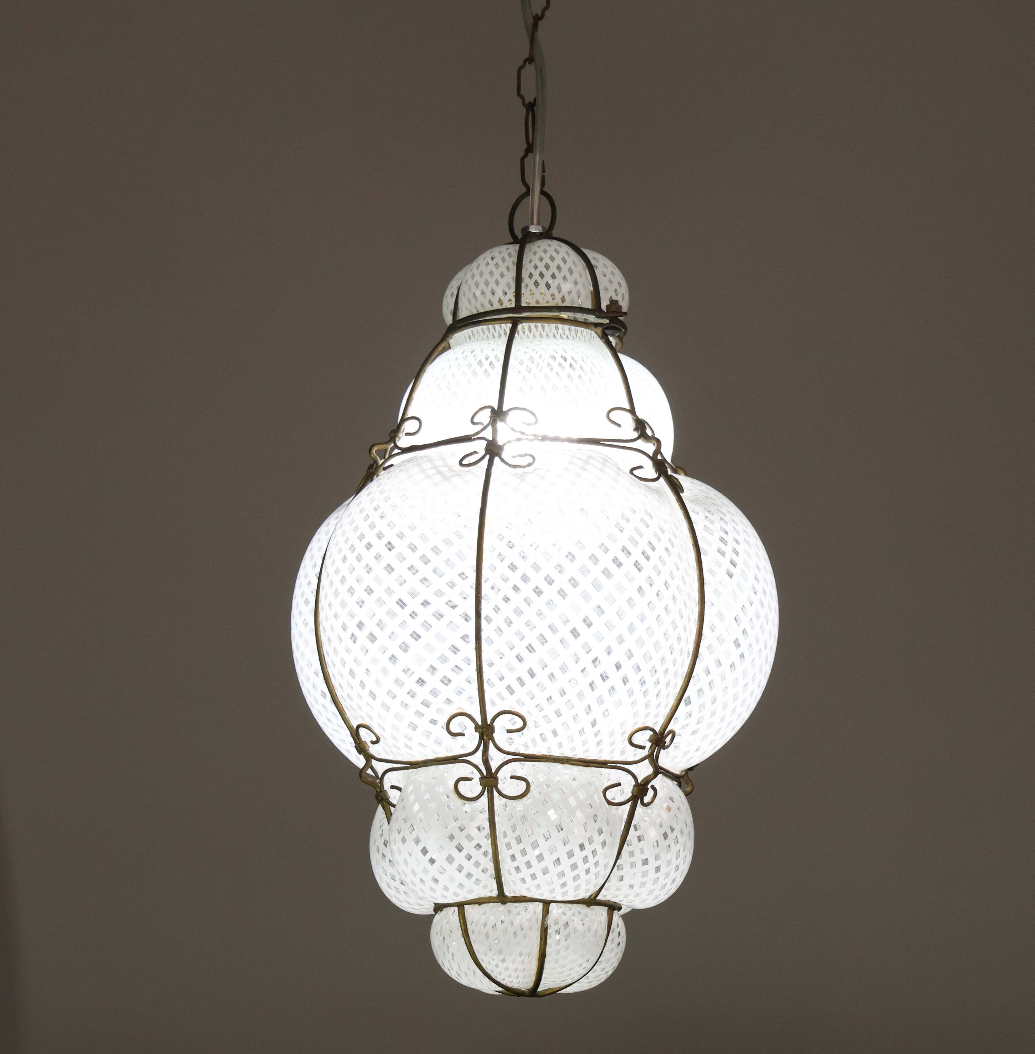 Amazing Large Venetian Lantern in Murano Reticello Glass, 1940s