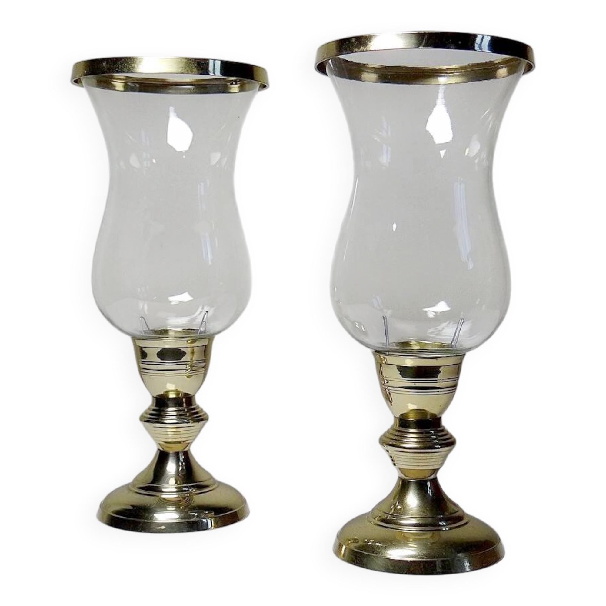 Pair of large vintage glass and gold metal tealight candle holders