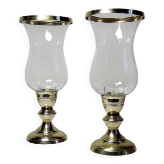 Paire de grands bougeoirs photophores verre et métal doré vintages