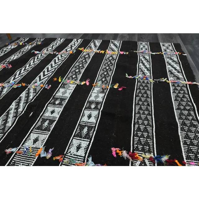 1970s Vintage Turkish Oushak Handmade Wool Cotton Black Runner Rug 169x190