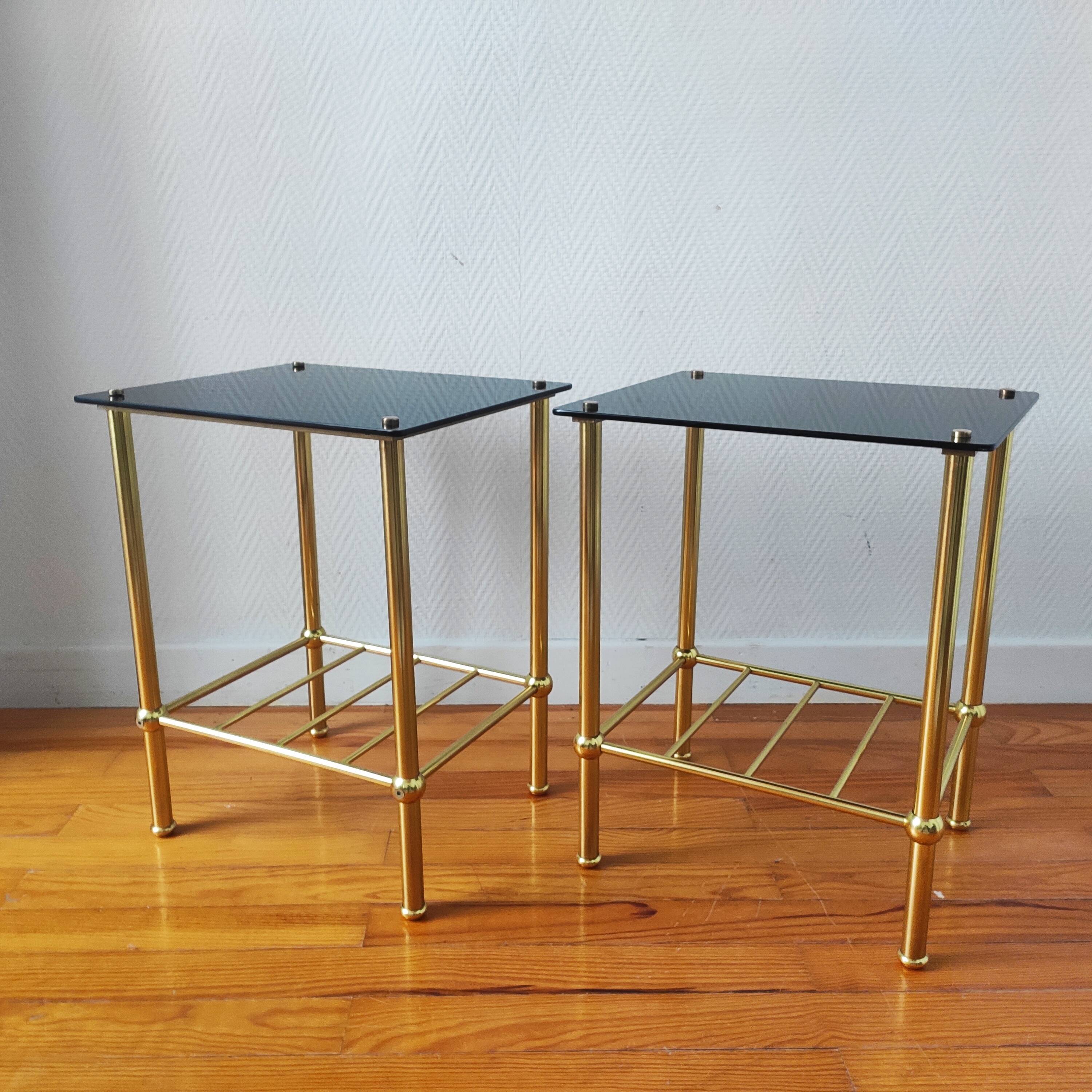 Pair of vintage 70s glass and brass sofa ends