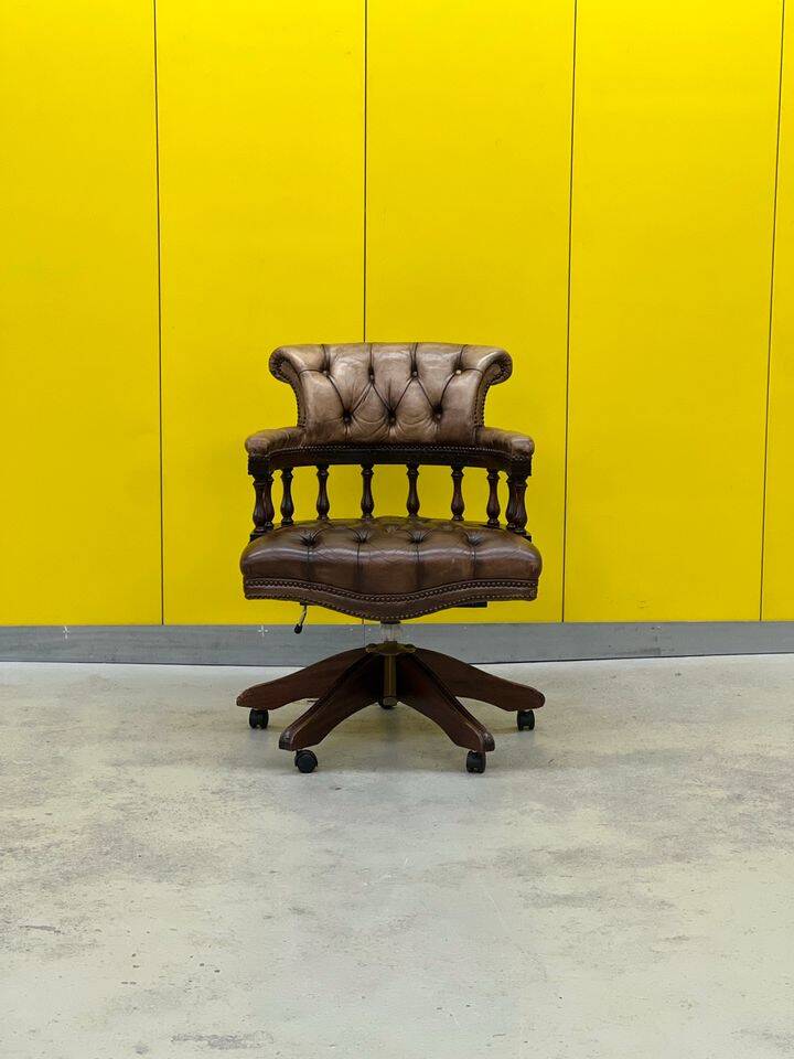 Vintage Chesterfield Revolving Captain's Chair with Brow Leather Upholstery