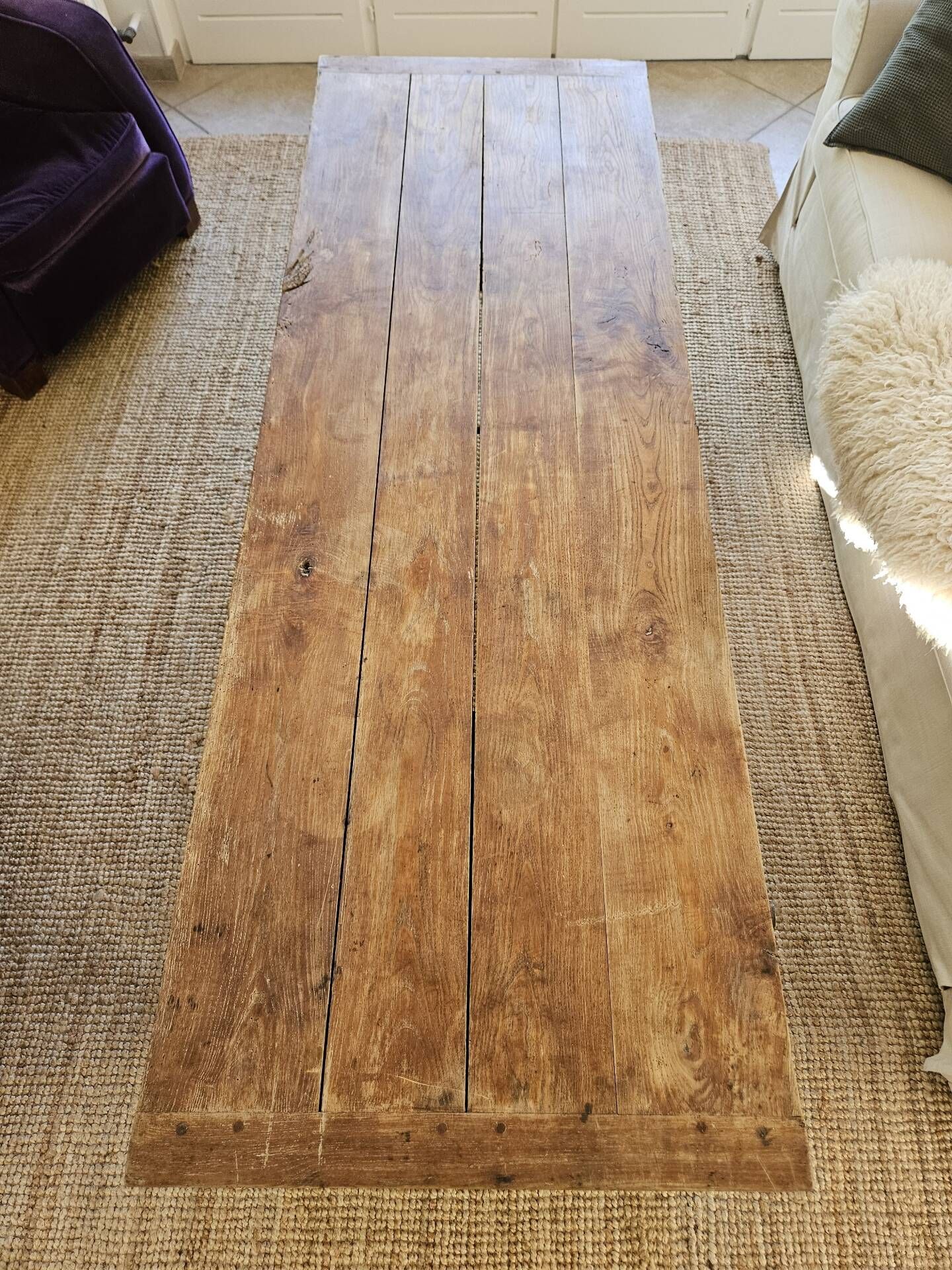 XXL coffee table in solid raw elm wood with 2 drawers, rustic antique.