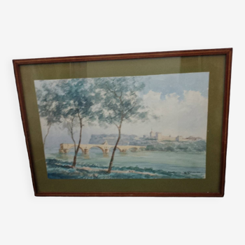 Tableau peinture aquarelle signé r. blossier avignon le pont benezet encadré