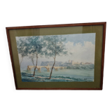 Watercolor painting signed r. blossier avignon the benezet bridge framed