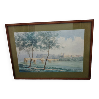 Tableau peinture aquarelle signé r. blossier avignon le pont benezet encadré