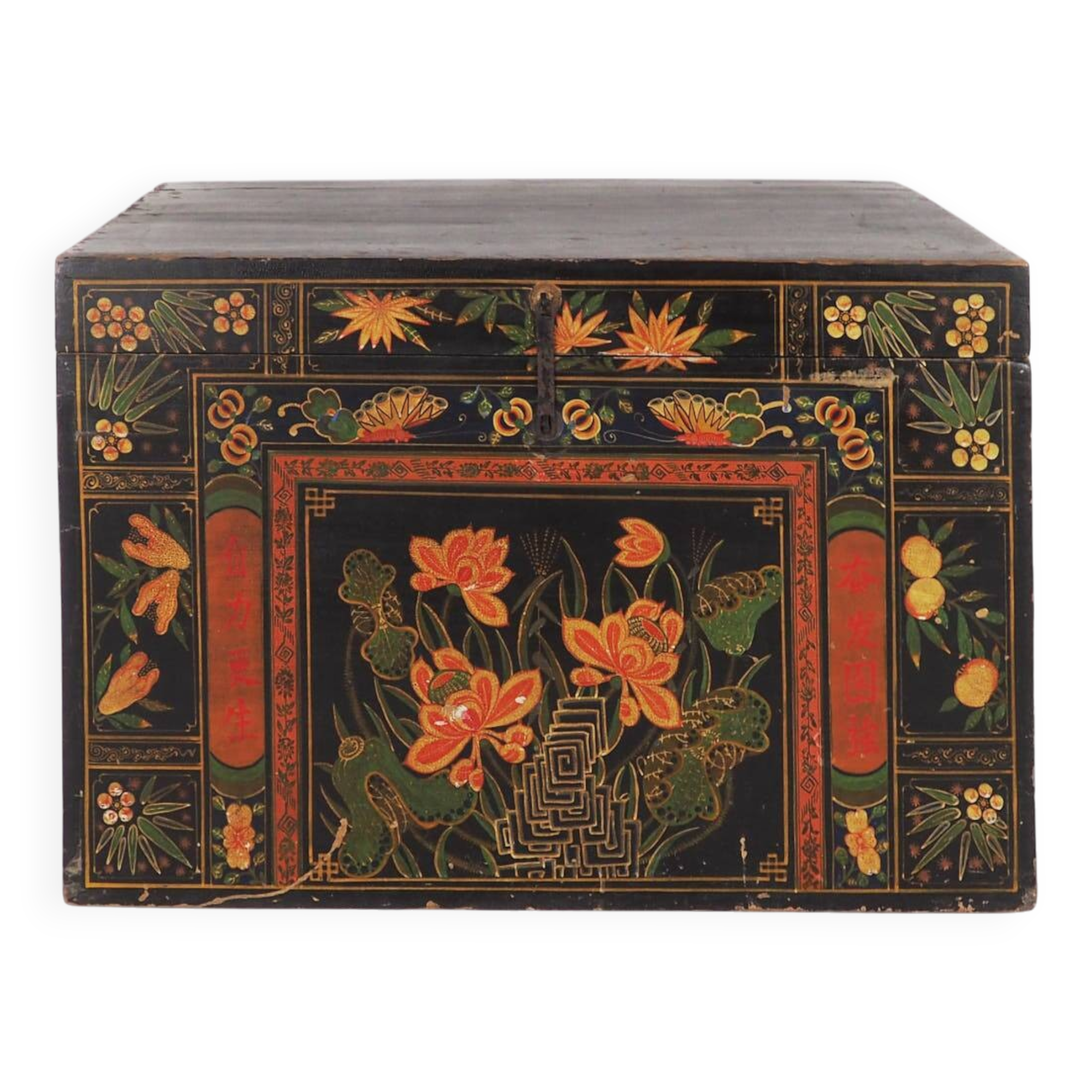 Antique wooden chest with lotus flower illustrations (China, circa 1900)