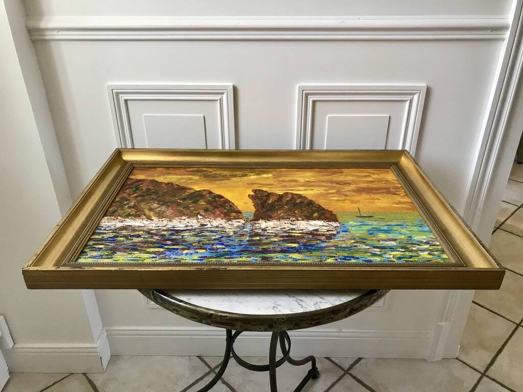 Oil painting on canvas landscape sunset framed vintage