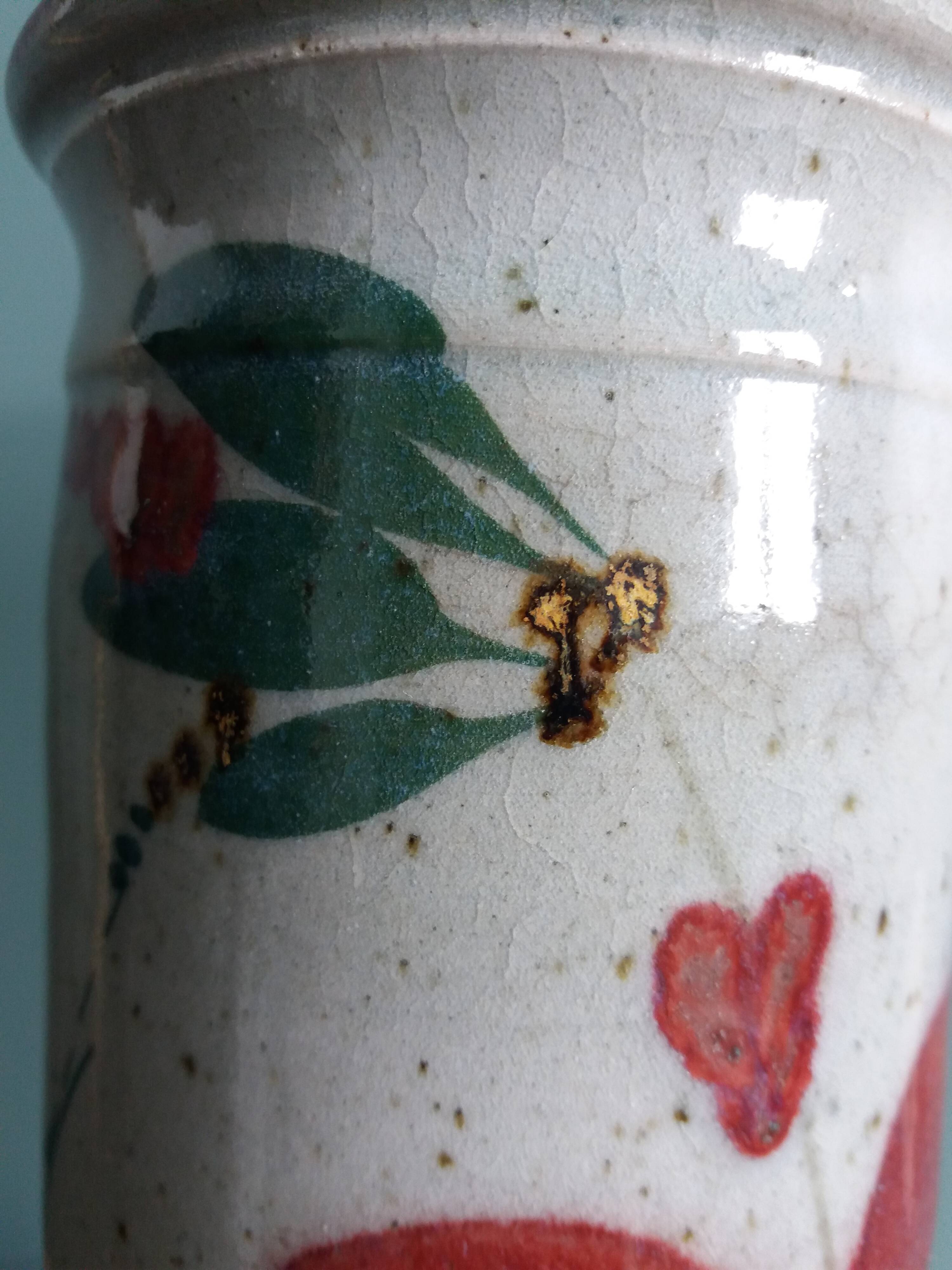 Signed scroll vase with poppy dragonfly decor