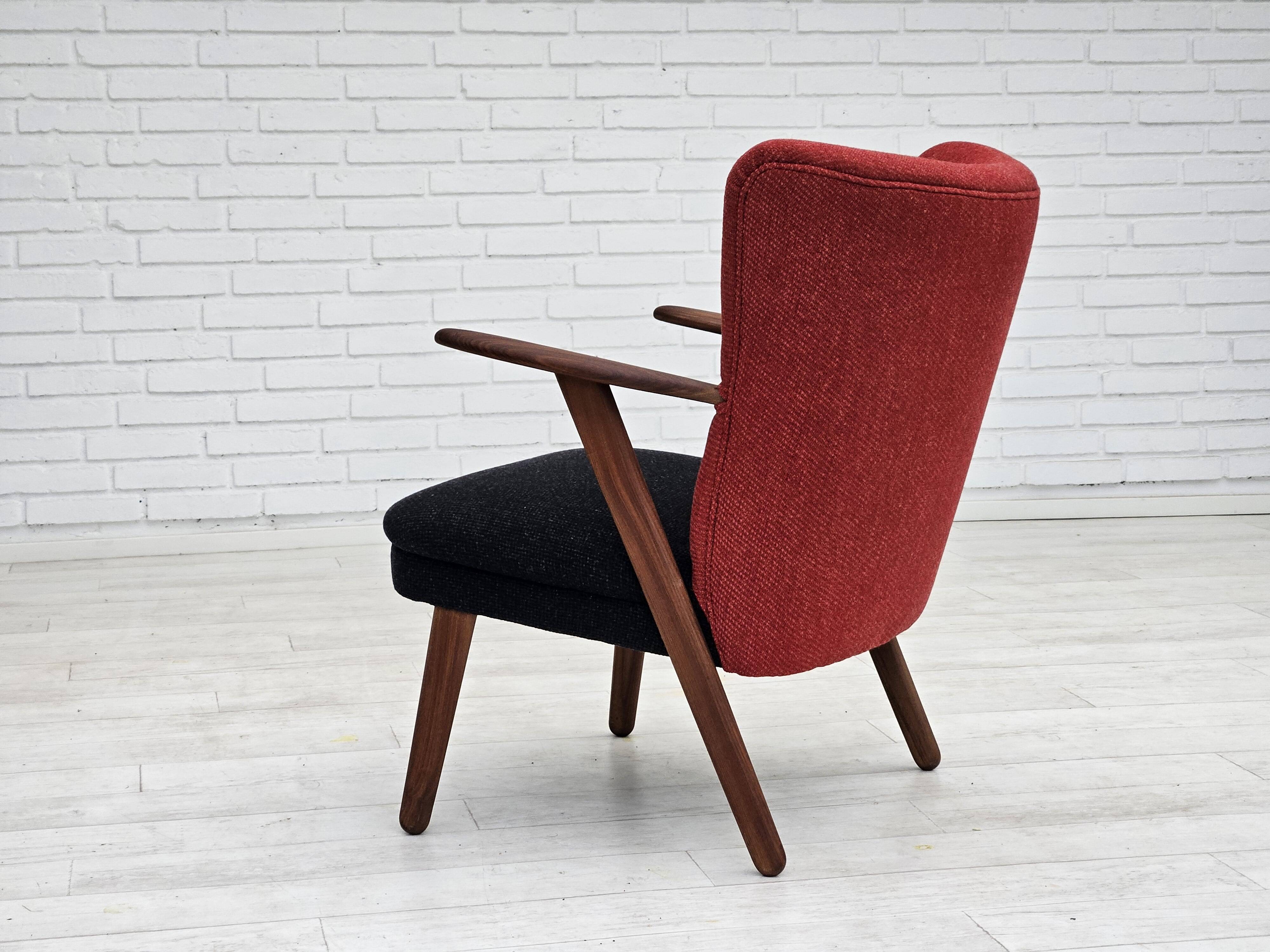 1960s, Danish design by Erhardsen & Andersen, reupholstered armchair, furniture wool, teak wood.