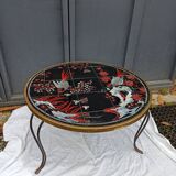 Round coffee table with Japanese bird and flower decor