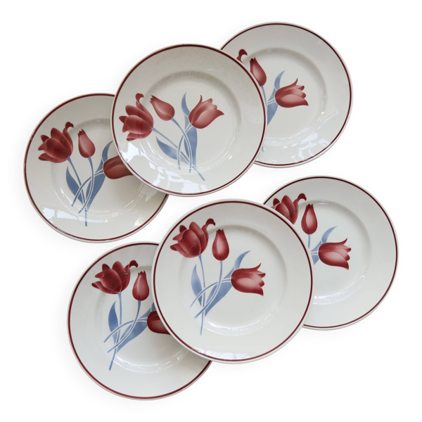 6 assiettes plates vintage faïence Moulin des Loups série Simone