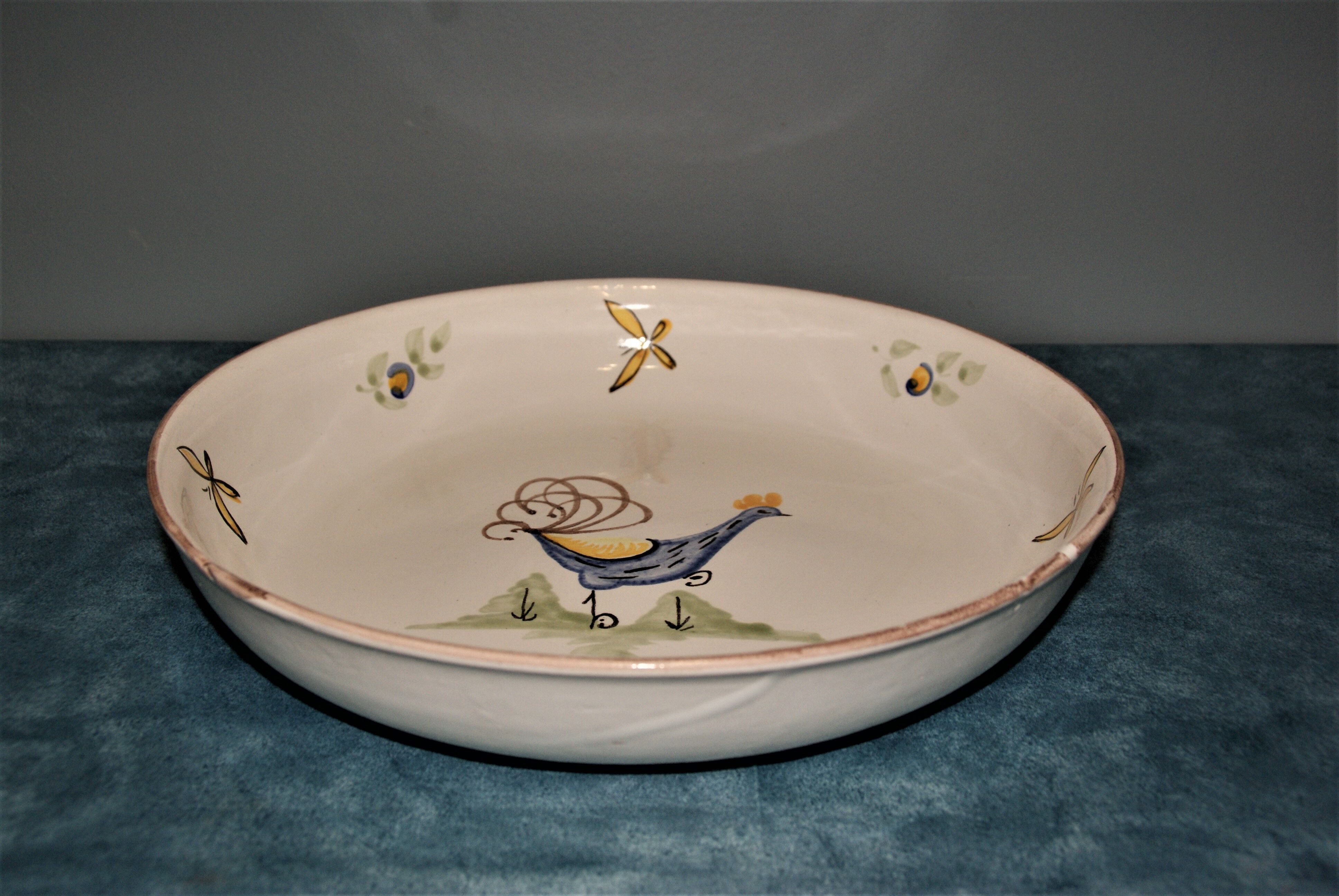 Large dish with rooster decoration, signed