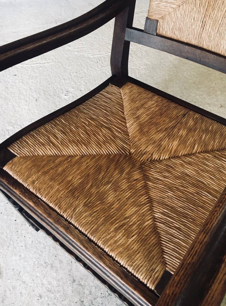 Low Arts & Crafts Oak & Rush Armchair, Belgium 1920s