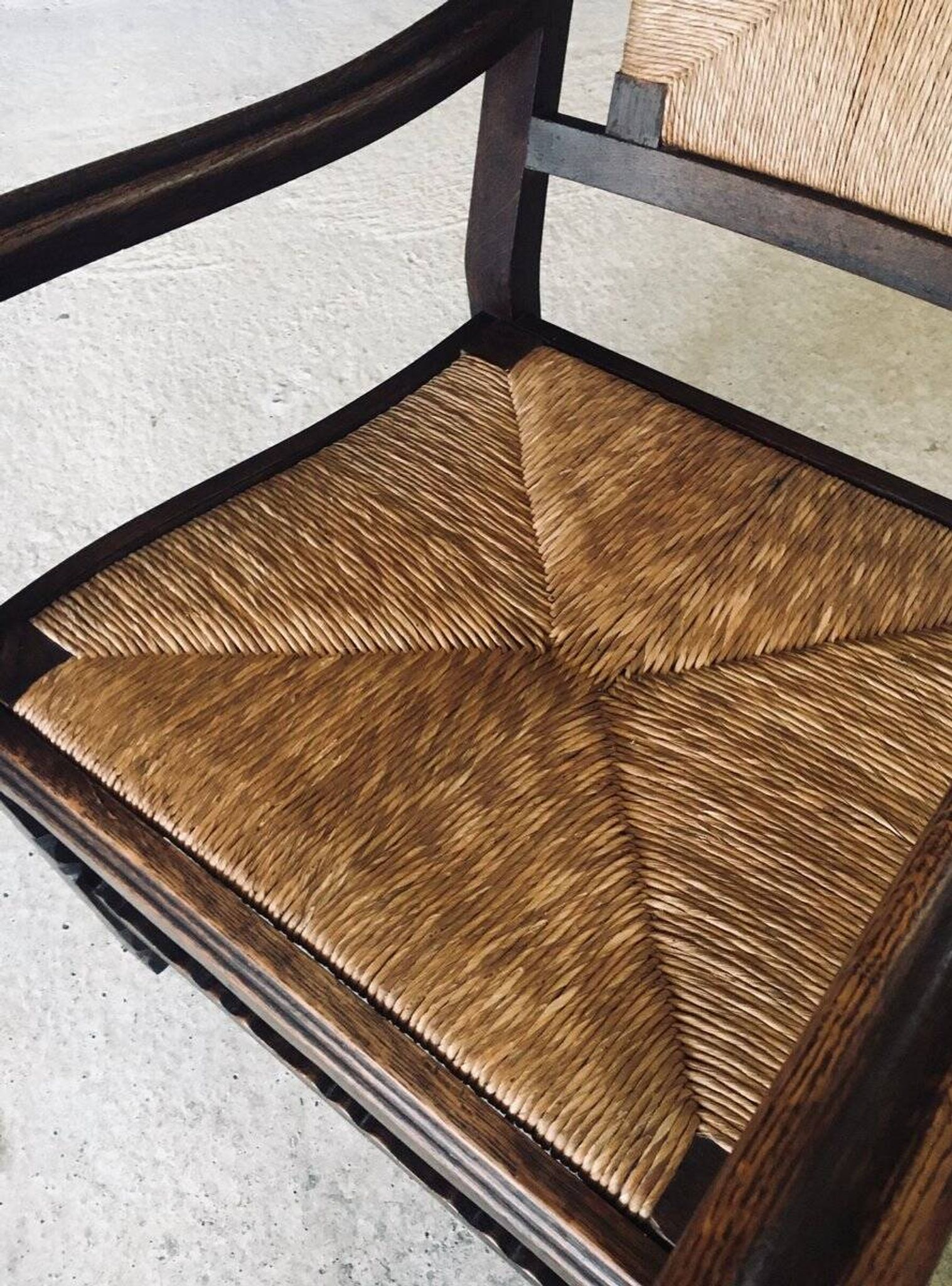 Low Arts & Crafts Oak & Rush Armchair, Belgium 1920s