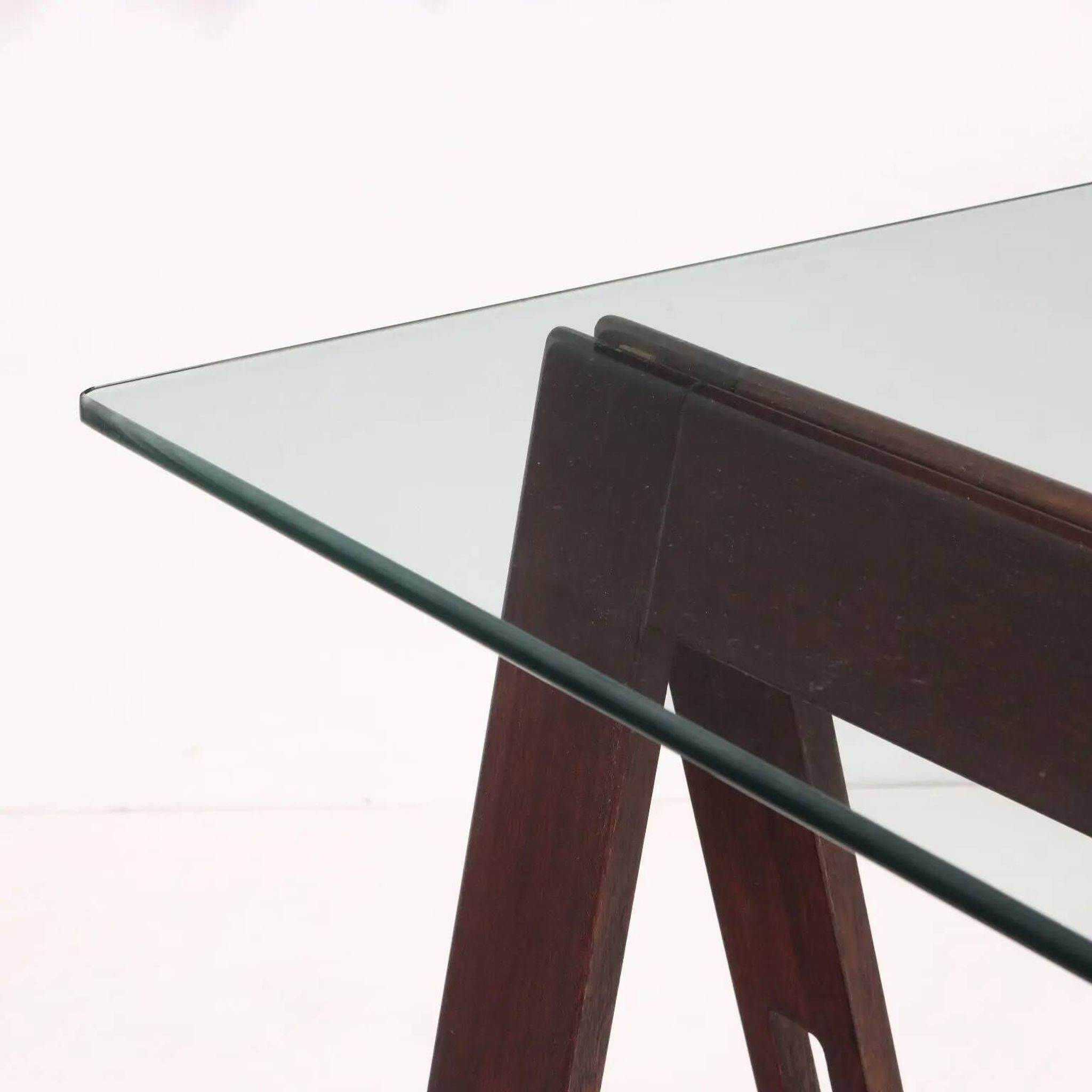 Vintage wooden trestle table with a crystal top, Italy, 1980s.