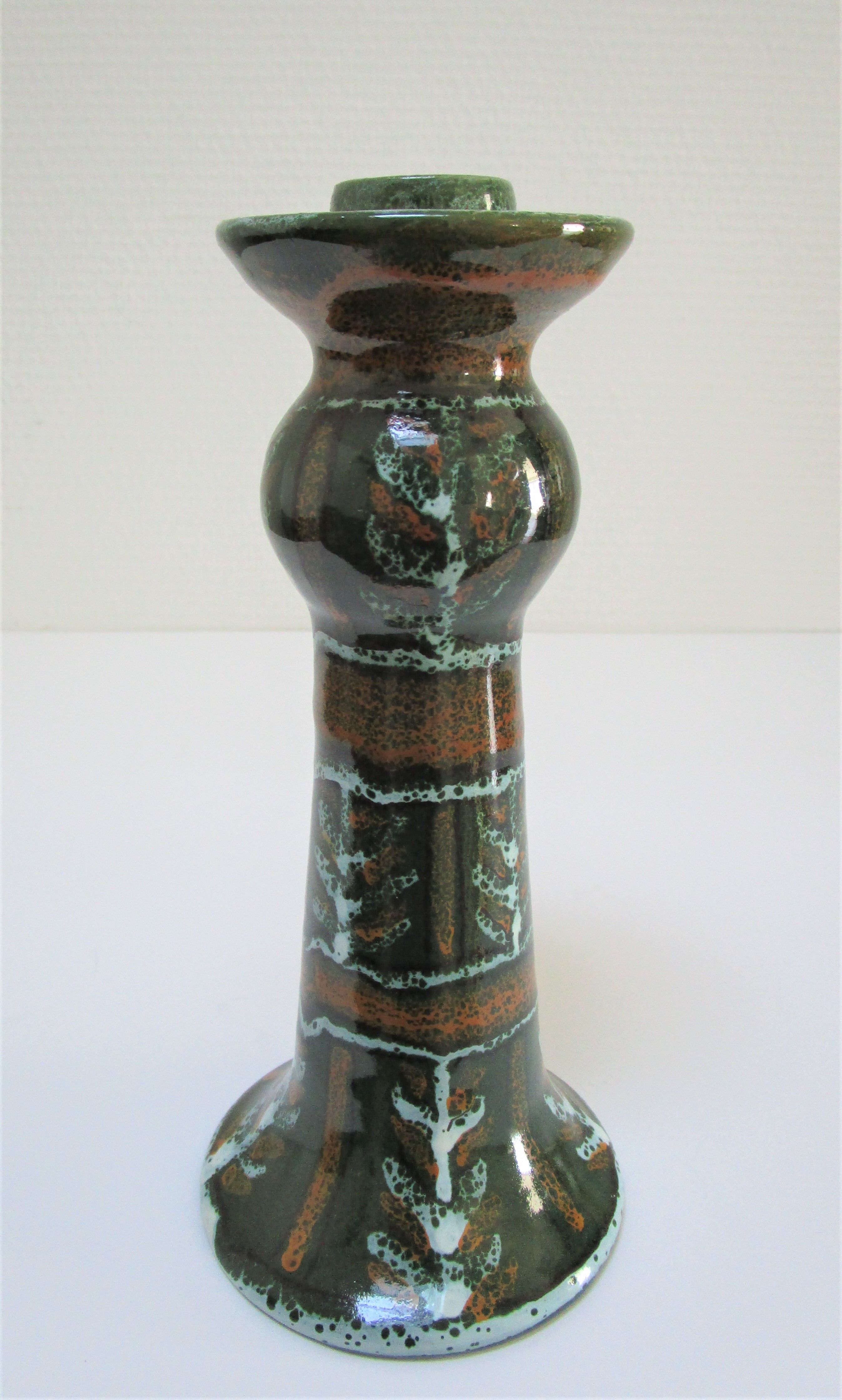 enamelled ceramic candle holder signed "S" plant decoration 70s