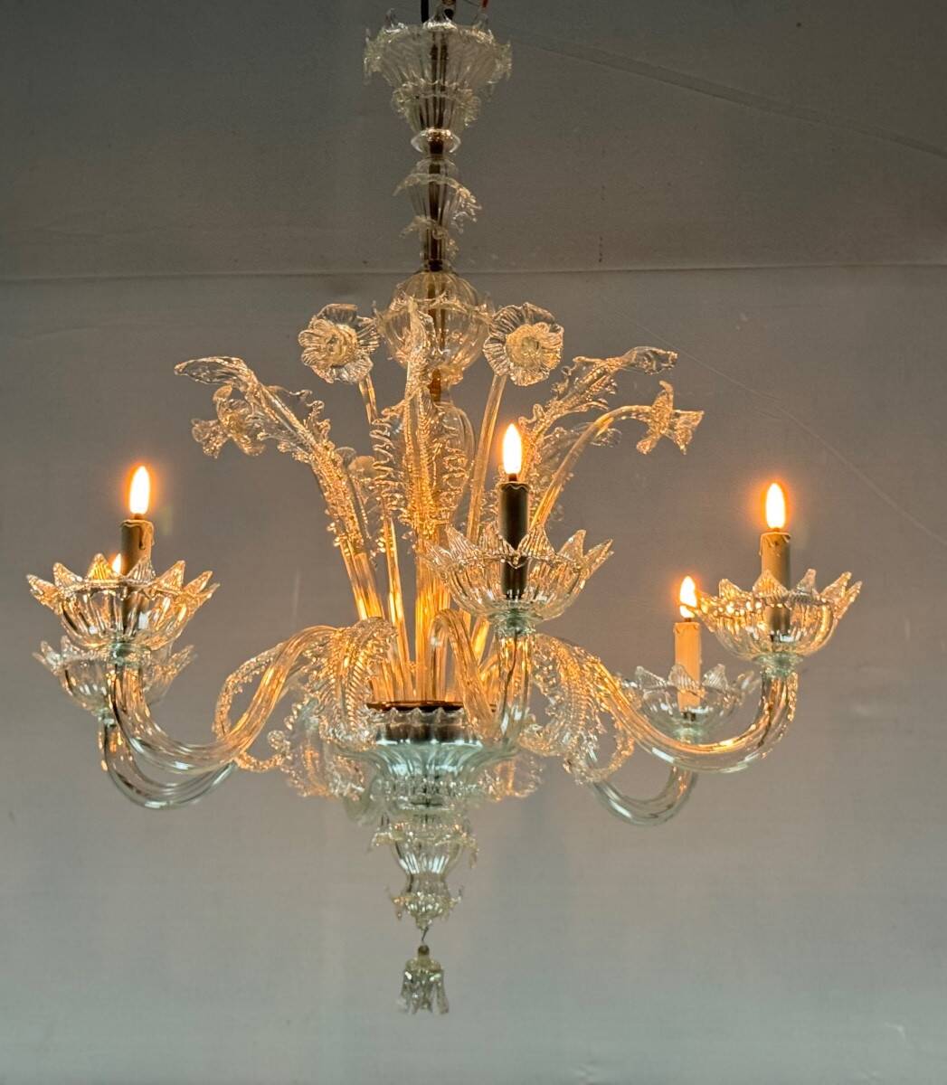 Venetian Chandelier in Colorless Murano Glass with 6 Lights, Circa 1930