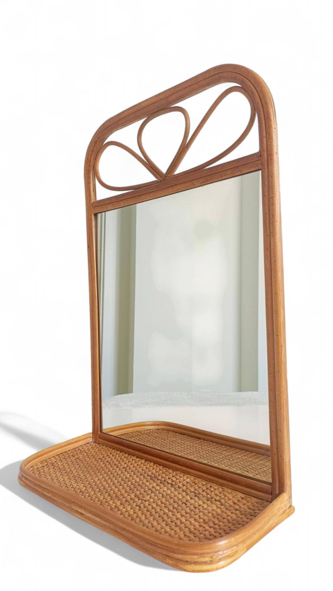 Mid Century French Riviera Rattan and Wicker Mirror With Shelf, Spain, 1960s–70s