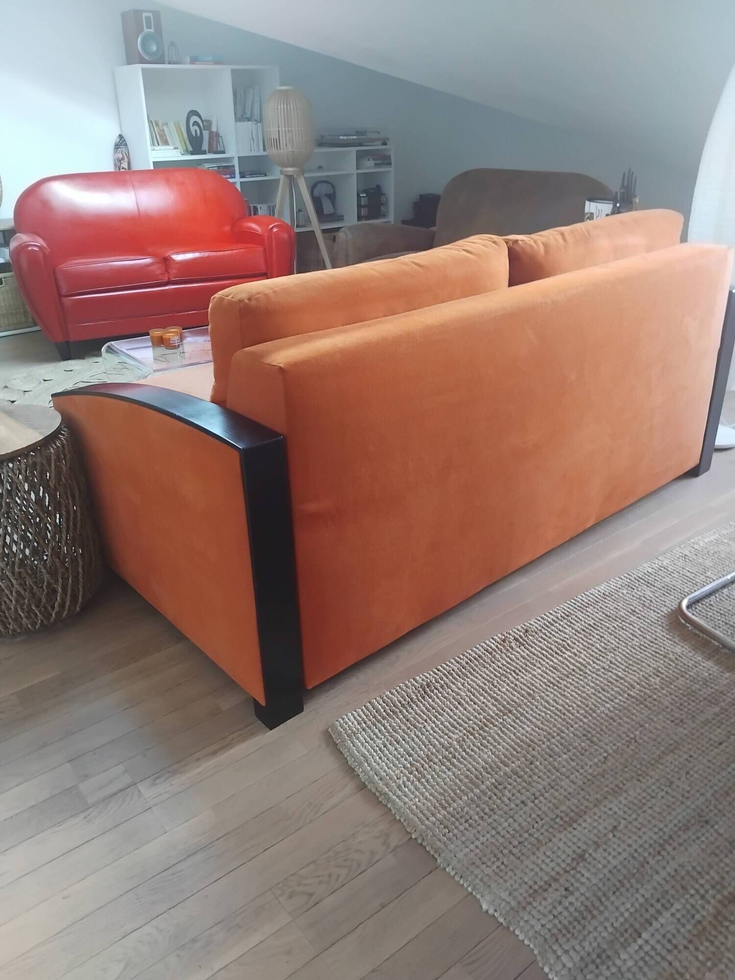3-seater convertible sofa in brick orange & blackened wood – Diva Salon x Simm