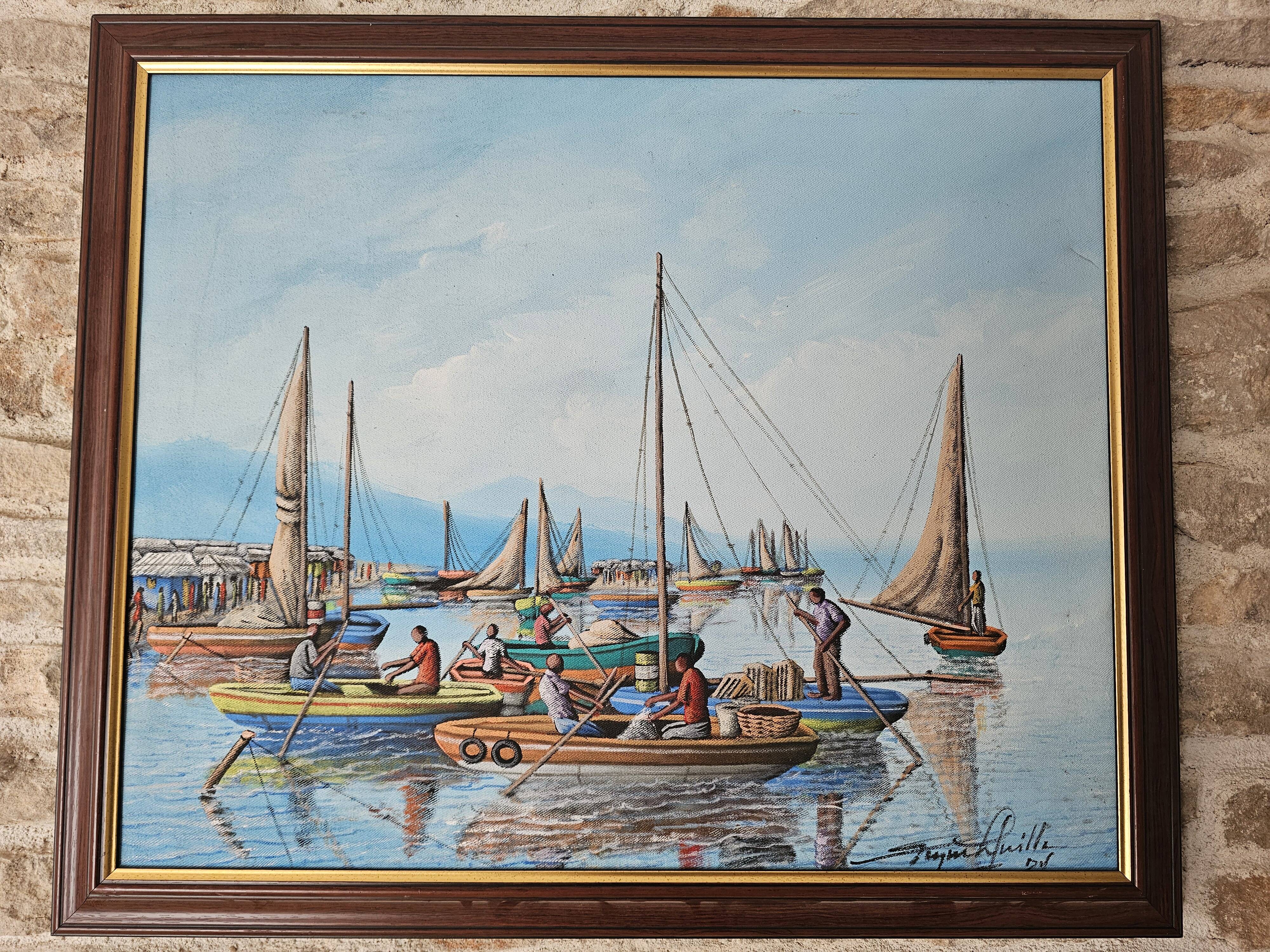 Oil painting on canvas Fishing port in Africa signed Raymond Lafaille