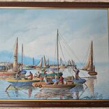 Oil painting on canvas Fishing port in Africa signed Raymond Lafaille