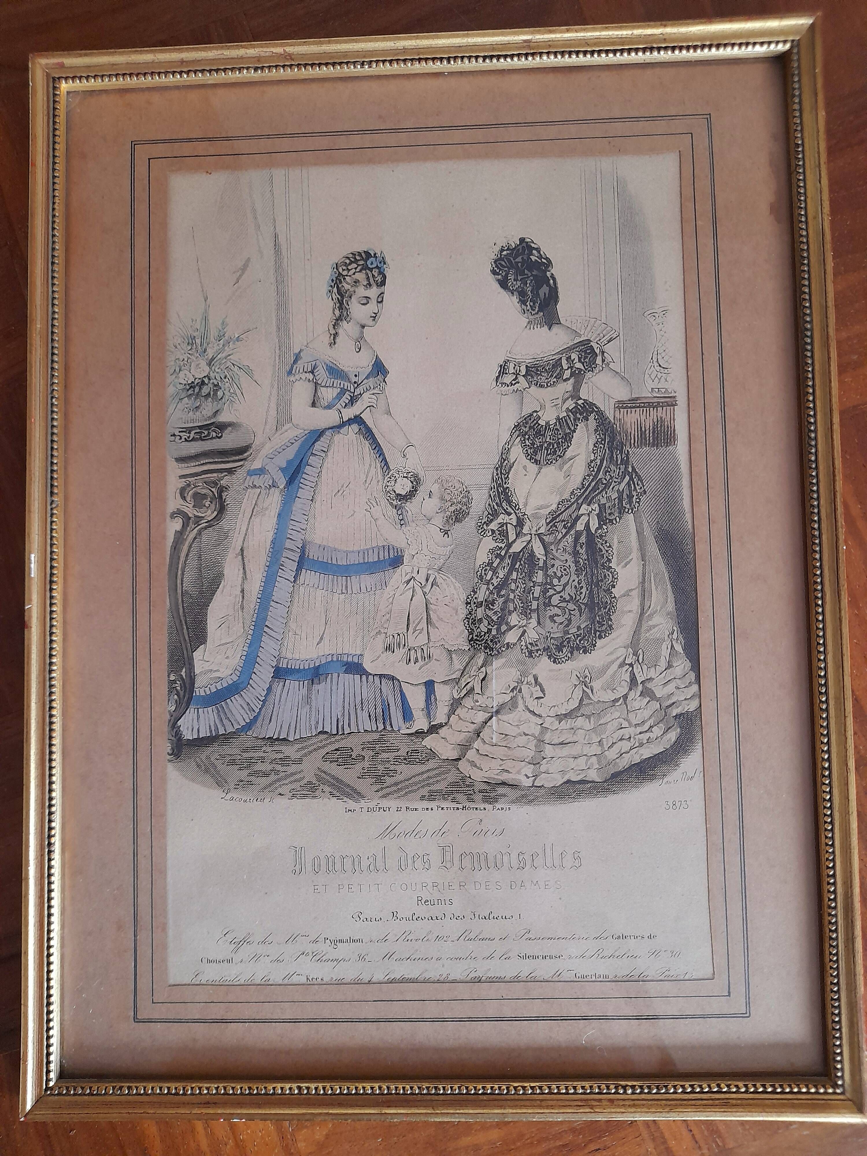 Set of 2 golden frames old engraving "Petit courier des Dames" "journal des Demoiselles"