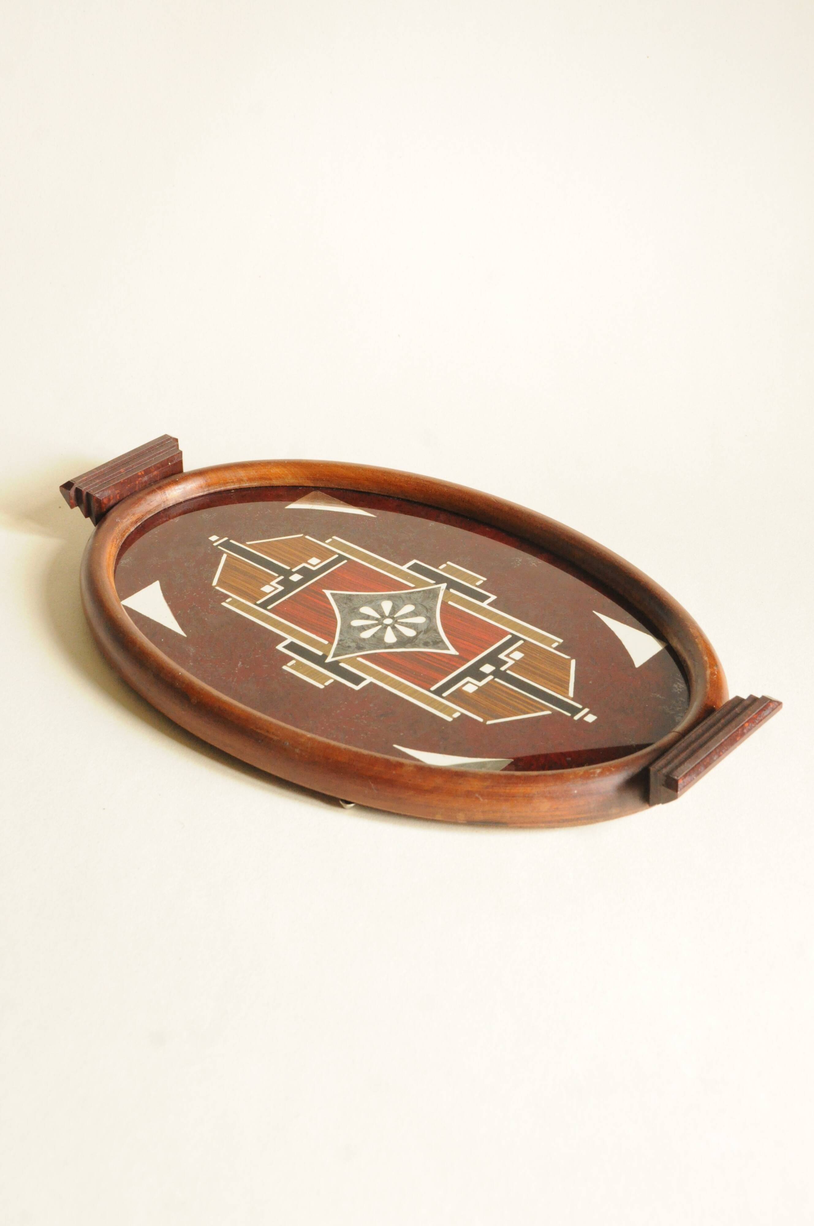 Old Oval Art Deco Wooden Plate - Bakelite Glass - Geometric Pattern