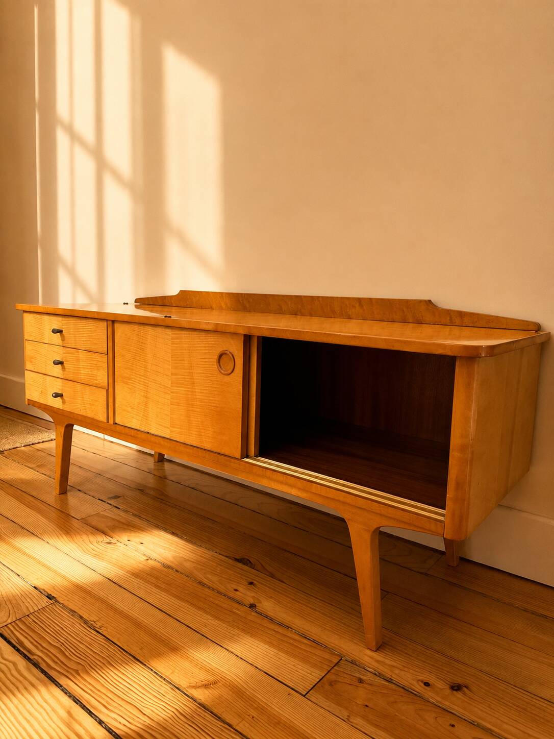 Coiffeuse vintage - mid century années 50 en sycomore ondé miroir triptyque