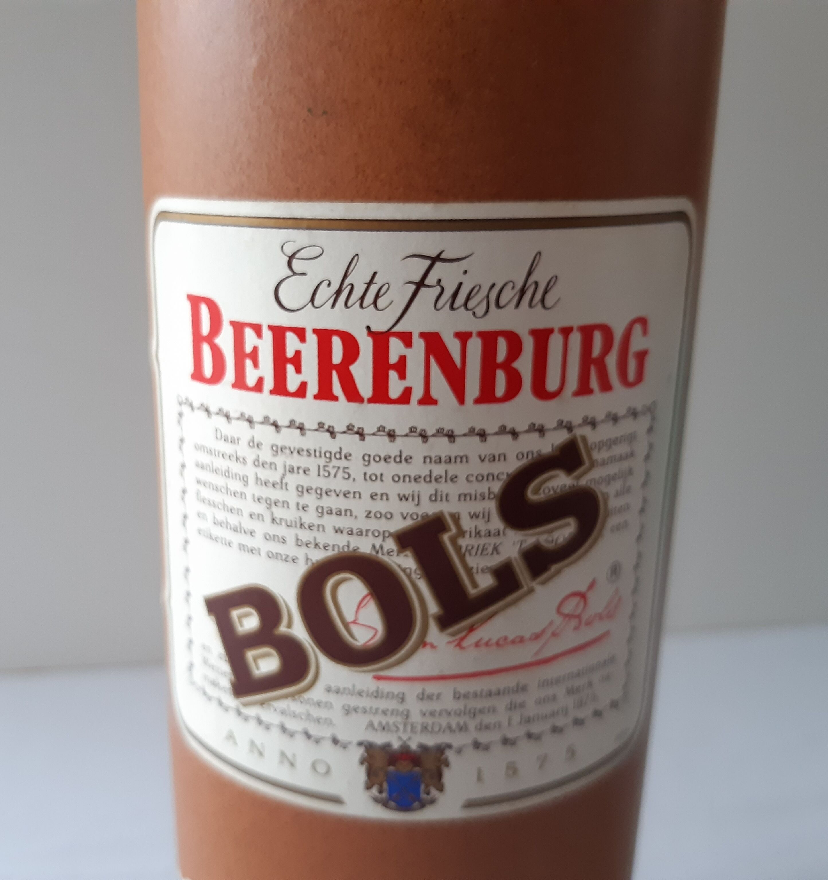 Old sandstone bottle - Erven Lucas Bols Beerenburg Amsterdam clay bottle m.k.m