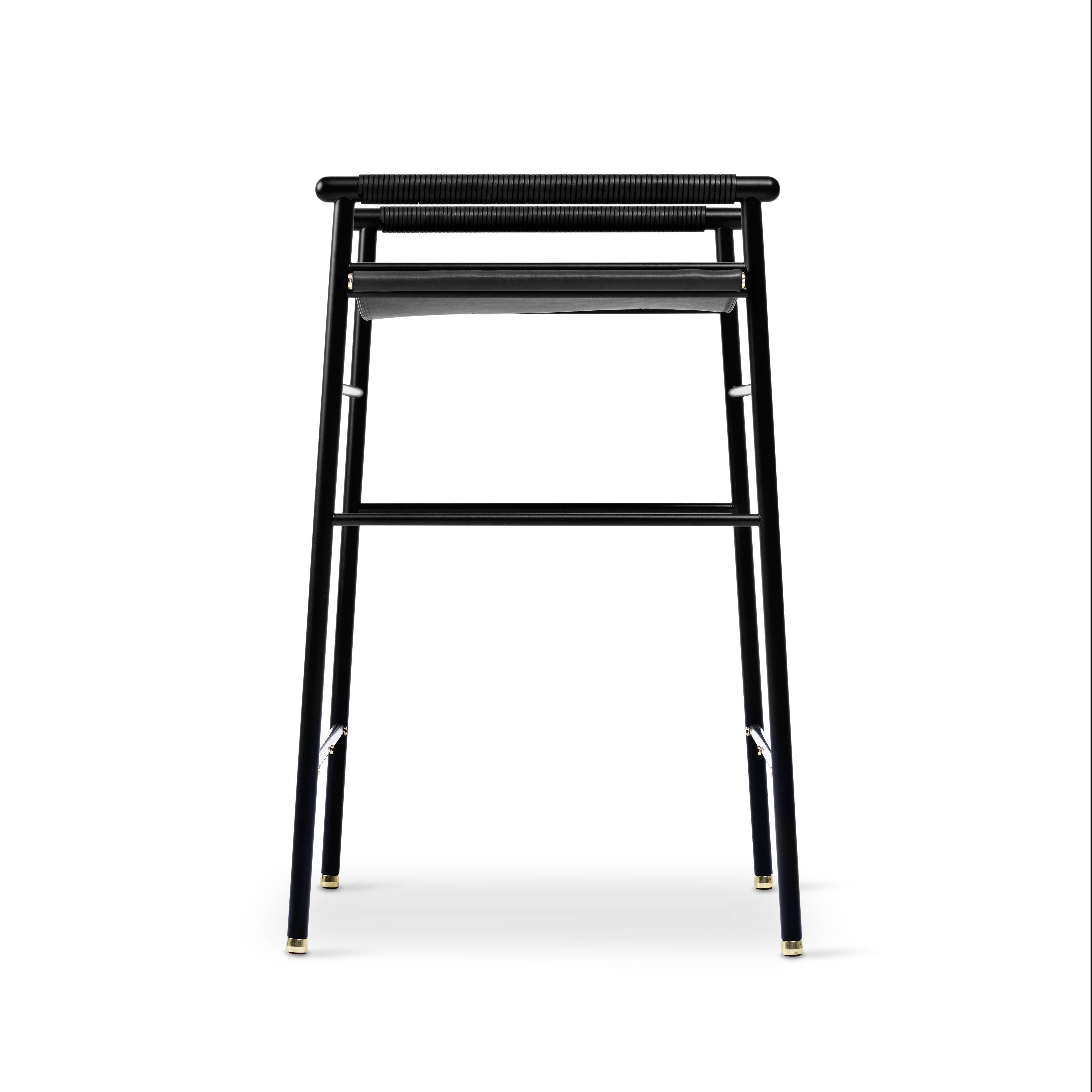 Set of 5 contemporary Artisan bar stools, black leather, black rubber.